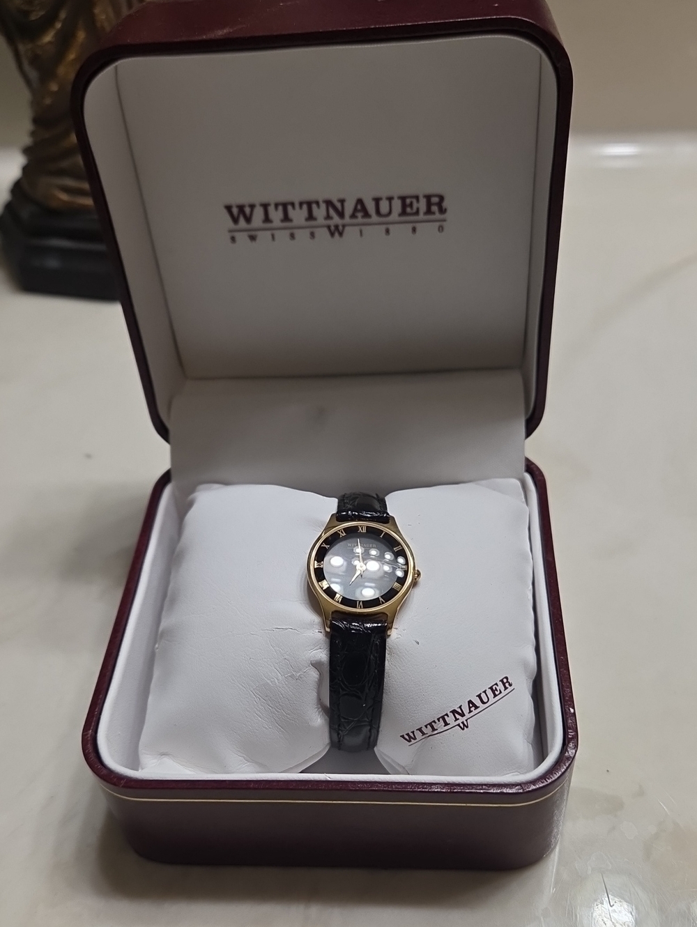 WITTNAUER Vintage Women's Gold Case Black Leather Strap Watch NWT